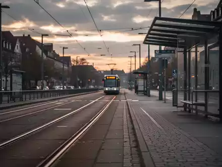 Leere Straßenbahnschienen und eine verlassene Bushaltestelle in Ulm bei bewölktem Himmel, symbolisch für einen Streik im Nahverkehr. - Foto: über boerse-global.de