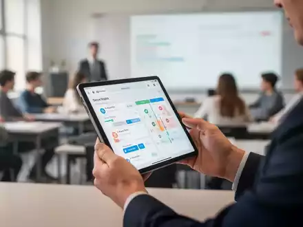 Eine Lehrkraft, die auf einem Tablet oder Smartphone eine App zur Zeiterfassung bedient, in einem modernen Klassenzimmer. - Foto: über boerse-global.de