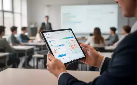 Eine Lehrkraft, die auf einem Tablet oder Smartphone eine App zur Zeiterfassung bedient, in einem modernen Klassenzimmer. - Foto: über boerse-global.de