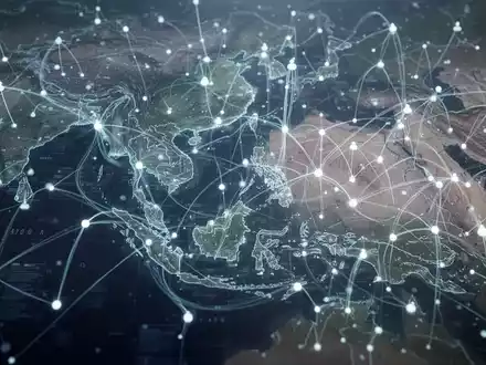 An abstract, glowing digital network with interconnected nodes and data streams, subtly overlaid on a map of Southeast Asia and the Middle East. - Foto: über boerse-global.de