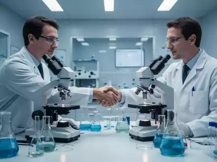Zwei Wissenschaftler schütteln sich in einem modernen Labor die Hände, umgeben von Forschungsausrüstung. - Foto: über boerse-global.de