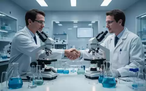Zwei Wissenschaftler schütteln sich in einem modernen Labor die Hände, umgeben von Forschungsausrüstung. - Foto: über boerse-global.de