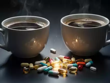 Eine Tasse Kaffee steht neben verschiedenen Vitamin- und Mineralstoffpillen auf einer dunklen Oberfläche, die Wechselwirkungen symbolisiert. - Foto: über boerse-global.de