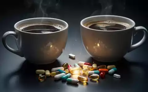 Eine Tasse Kaffee steht neben verschiedenen Vitamin- und Mineralstoffpillen auf einer dunklen Oberfläche, die Wechselwirkungen symbolisiert. - Foto: über boerse-global.de