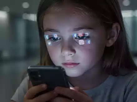 Junges Mädchen schaut auf ein Smartphone-Display, ihr Gesicht vom Bildschirmlicht beleuchtet, Spiegelung von Social-Media-Symbolen in ihren Augen. - Foto: über boerse-global.de