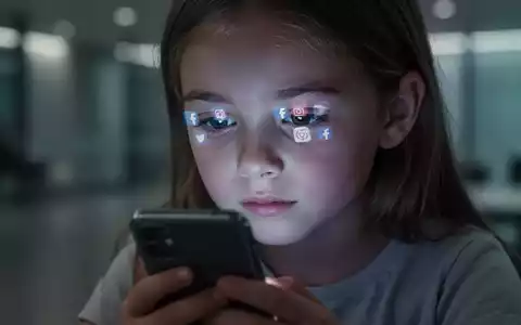 Junges Mädchen schaut auf ein Smartphone-Display, ihr Gesicht vom Bildschirmlicht beleuchtet, Spiegelung von Social-Media-Symbolen in ihren Augen. - Foto: über boerse-global.de