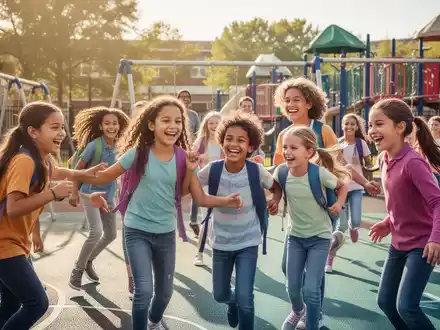 Lachende Teenager und Kinder spielen auf einem Schulhof, ohne Handys, was Freude und soziale Interaktion hervorhebt. - Foto: über boerse-global.de