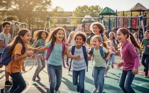 Lachende Teenager und Kinder spielen auf einem Schulhof, ohne Handys, was Freude und soziale Interaktion hervorhebt. - Foto: über boerse-global.de