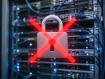 A digital padlock icon with a red 'X' over it, on a blurred background of a server rack, symbolizing a security certificate issue. - Foto: über boerse-global.de