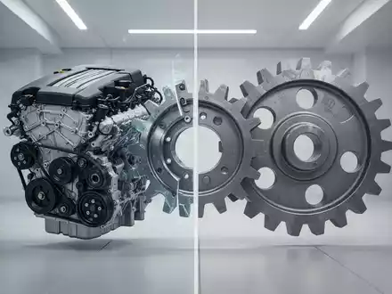 Eine stilisierte Grafik zeigt einen Automotor und ein Industriezahnrad, die sich in zwei Bereiche teilen. - Foto: über boerse-global.de