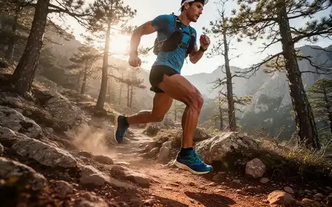 Ein Trailrunner mit kräftigen Beinen läuft einen felsigen Bergpfad hinauf, der Fokus liegt auf Kraft und Ausdauer. - Foto: über boerse-global.de