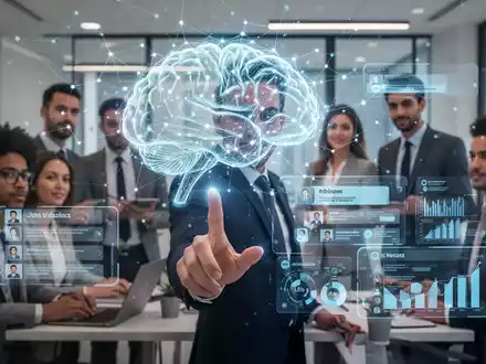 Ein stilisiertes, leuchtendes KI-Gehirnnetzwerk überlagert eine Gruppe von Fachleuten in einem modernen Büro, die mit holografischen Schnittstellen interagieren, die Stellenbewerbungen und Datenanalysen anzeigen. - Foto: über boerse-global.de