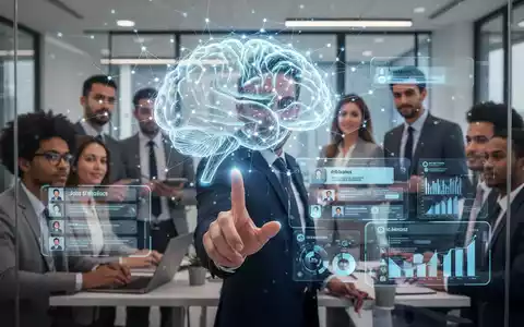 Ein stilisiertes, leuchtendes KI-Gehirnnetzwerk überlagert eine Gruppe von Fachleuten in einem modernen Büro, die mit holografischen Schnittstellen interagieren, die Stellenbewerbungen und Datenanalysen anzeigen. - Foto: über boerse-global.de
