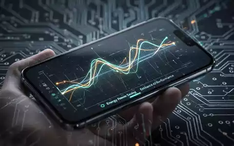 A smartphone screen shows a glowing energy efficiency graph, held by a hand over a background of circuit board patterns. - Foto: über boerse-global.de