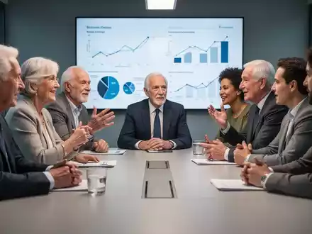 Eine Gruppe von Menschen unterschiedlichen Alters, die an einem Konferenztisch über Rentenpolitik diskutieren, mit Diagrammen im Hintergrund. - Foto: über boerse-global.de