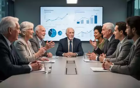 Eine Gruppe von Menschen unterschiedlichen Alters, die an einem Konferenztisch über Rentenpolitik diskutieren, mit Diagrammen im Hintergrund. - Foto: über boerse-global.de