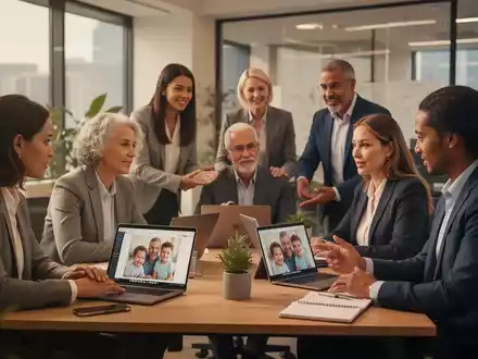 Eine Gruppe von Fachleuten in einem modernen Büro, die die Vereinbarkeit von Beruf und Pflege symbolisiert. - Foto: über boerse-global.de