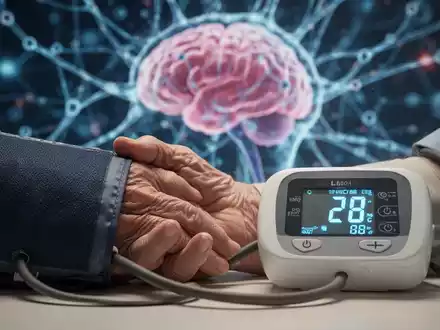 Eine Hand mit Blutdruckmanschette und digitaler Anzeige, die einen niedrigen Wert zeigt, im unscharfen Hintergrund sind neuronale Netze zu sehen. - Foto: über boerse-global.de
