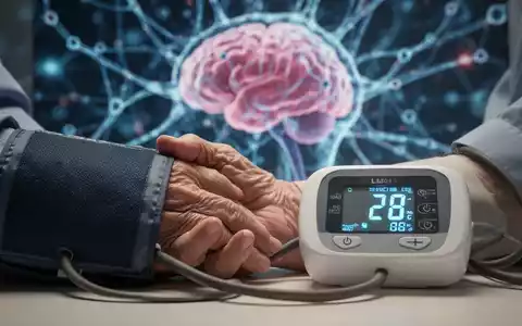 Eine Hand mit Blutdruckmanschette und digitaler Anzeige, die einen niedrigen Wert zeigt, im unscharfen Hintergrund sind neuronale Netze zu sehen. - Foto: über boerse-global.de