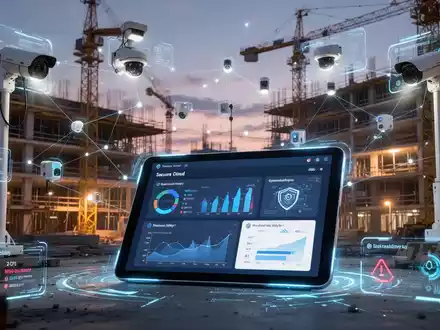 Eine Baustelle bei Dämmerung, beleuchtet von digitalen Sicherheitsinterfaces und vernetzten Sensoren. Ein Tablet zeigt ein Cloud-Dashboard. - Foto: über boerse-global.de