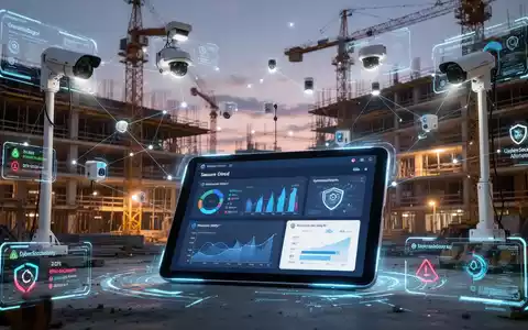 Eine Baustelle bei Dämmerung, beleuchtet von digitalen Sicherheitsinterfaces und vernetzten Sensoren. Ein Tablet zeigt ein Cloud-Dashboard. - Foto: über boerse-global.de