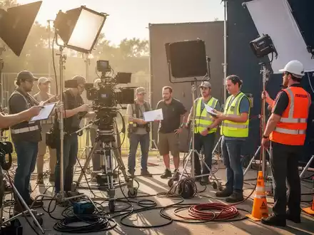 Ein Filmset mit Crew-Mitgliedern, die Sicherheitsausrüstung tragen und technische Kontrollen durchführen, um Risiken vorzubeugen. - Foto: über boerse-global.de