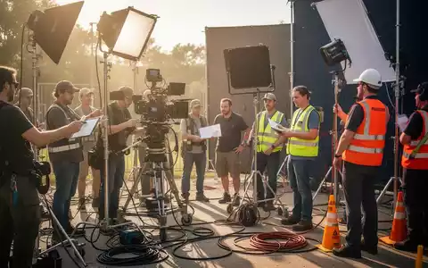 Ein Filmset mit Crew-Mitgliedern, die Sicherheitsausrüstung tragen und technische Kontrollen durchführen, um Risiken vorzubeugen. - Foto: über boerse-global.de
