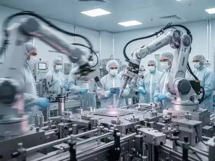 Hochmoderner Reinraum für Halbleiterfertigung mit komplexen Maschinen und Robotern, Ingenieure in Reinraumanzügen beobachten den Prozess. - Foto: über boerse-global.de