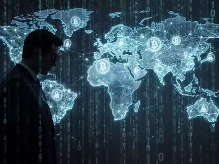 Eine dunkle Silhouette beobachtet ein leuchtendes, abstraktes Kryptowährungsnetzwerk auf einer Weltkarte mit herabfallendem Binärcode. - Foto: über boerse-global.de