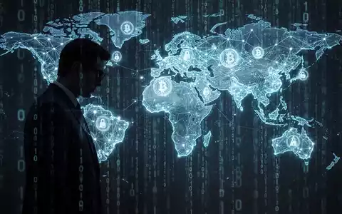 Eine dunkle Silhouette beobachtet ein leuchtendes, abstraktes Kryptowährungsnetzwerk auf einer Weltkarte mit herabfallendem Binärcode. - Foto: über boerse-global.de