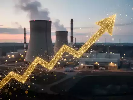 Eine stilisierte goldene, aufwärts gerichtete Pfeilgrafik über einem unscharfen Hintergrund eines Kernkraftwerks bei Sonnenuntergang. - Foto: über boerse-global.de