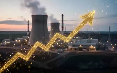 Eine stilisierte goldene, aufwärts gerichtete Pfeilgrafik über einem unscharfen Hintergrund eines Kernkraftwerks bei Sonnenuntergang. - Foto: über boerse-global.de