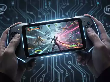 A person holds a sleek, futuristic handheld gaming device with a vibrant game displayed on its screen. - Foto: über boerse-global.de