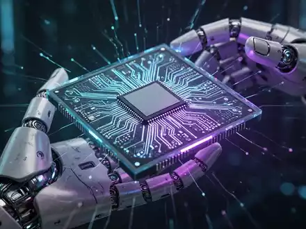 A glowing, futuristic AI processor chip with intricate circuitry is held delicately by a robotic hand. - Foto: über boerse-global.de
