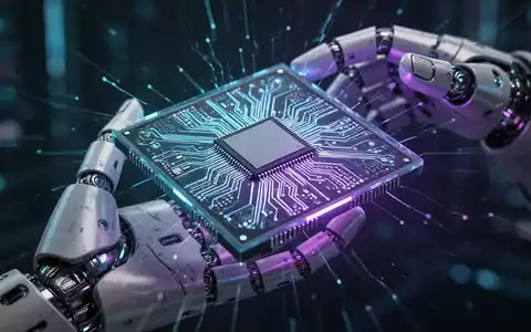 A glowing, futuristic AI processor chip with intricate circuitry is held delicately by a robotic hand. - Foto: über boerse-global.de