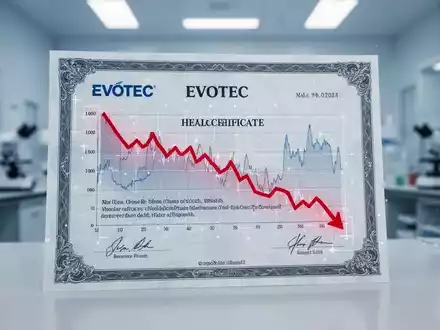 Ein Evotec-Aktienzertifikat mit einem roten, fallenden Diagramm, das einen Umsatzrückgang in einem Laborumfeld darstellt. - Foto: über boerse-global.de