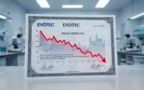 Ein Evotec-Aktienzertifikat mit einem roten, fallenden Diagramm, das einen Umsatzrückgang in einem Laborumfeld darstellt. - Foto: über boerse-global.de