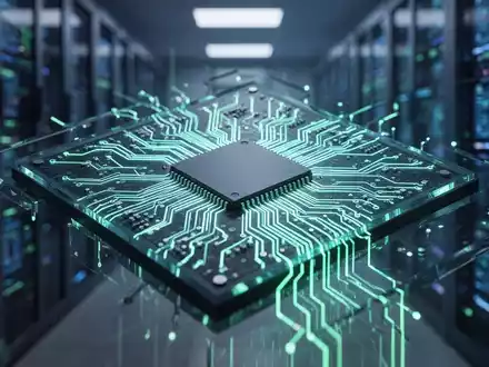 A futuristic microchip with intricate glowing blue and green circuitry, representing advanced AI hardware. - Foto: über boerse-global.de