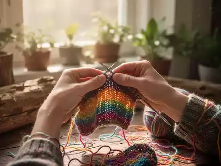 Nahaufnahme von Händen, die bunte Wolle stricken, mit einem weichen, natürlichen Hintergrund, der Entspannung und Handarbeit symbolisiert. - Foto: über boerse-global.de