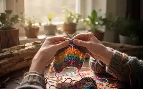 Nahaufnahme von Händen, die bunte Wolle stricken, mit einem weichen, natürlichen Hintergrund, der Entspannung und Handarbeit symbolisiert. - Foto: über boerse-global.de