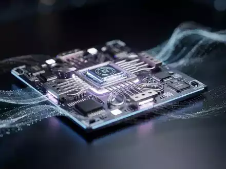 Ein futuristischer Quantencomputerprozessor in blauem Licht, umgeben von schwebenden Datenströmen, symbolisiert KI-Übernahme und Innovation. - Foto: über boerse-global.de
