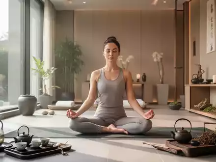 Eine Person praktiziert Yoga in einem modernen, ruhigen Wellnessbereich mit natürlichem Licht und Elementen der Traditionellen Chinesischen Medizin. - Foto: über boerse-global.de