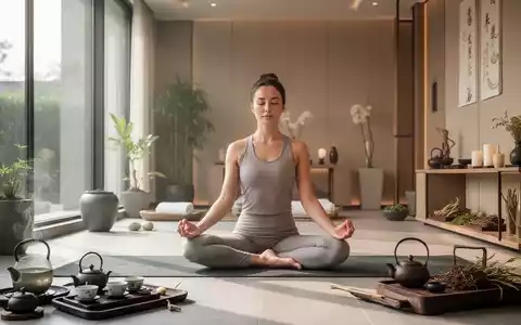 Eine Person praktiziert Yoga in einem modernen, ruhigen Wellnessbereich mit natürlichem Licht und Elementen der Traditionellen Chinesischen Medizin. - Foto: über boerse-global.de