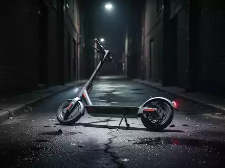 Ein dunkler, leerer Hinterhof bei Nacht, mit einem umgestürzten E-Scooter auf dem Boden, beleuchtet von einem kalten Licht. - Foto: über boerse-global.de