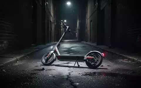 Ein dunkler, leerer Hinterhof bei Nacht, mit einem umgestürzten E-Scooter auf dem Boden, beleuchtet von einem kalten Licht. - Foto: über boerse-global.de