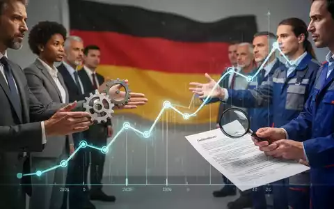 Eine Gruppe von Menschen debattiert über eine digitale Zeitleiste, die Arbeitszeiten und Arbeitsgesetze darstellt, mit deutscher Flagge im Hintergrund. - Foto: über boerse-global.de