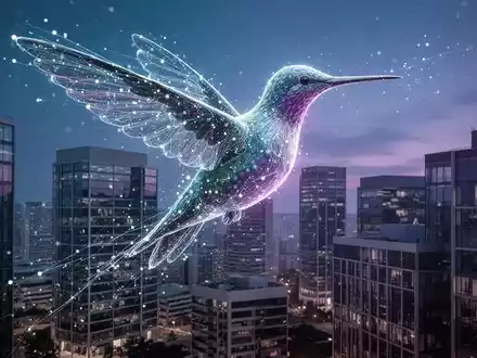 Ein abstraktes digitales Kolibri, das über eine stilisierte Stadtlandschaft aus modernen Bürogebäuden fliegt und KI-Innovation symbolisiert. - Foto: über boerse-global.de