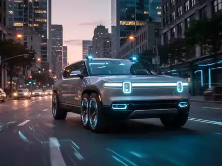 A futuristic Rivian R2 electric vehicle driving autonomously on a city street at dusk, with glowing sensors indicating self-driving technology. - Foto: über boerse-global.de