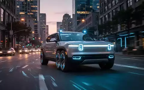 A futuristic Rivian R2 electric vehicle driving autonomously on a city street at dusk, with glowing sensors indicating self-driving technology. - Foto: über boerse-global.de
