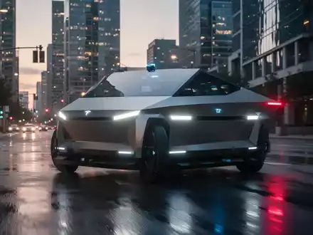 Ein futuristisches, autonomes Robotaxi im Cybercab-Stil fährt bei Dämmerung durch eine moderne Stadt. - Foto: über boerse-global.de
